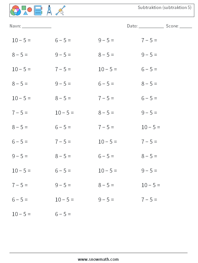 (50) Subtraktion (subtraktion 5) Matematiske regneark 6
