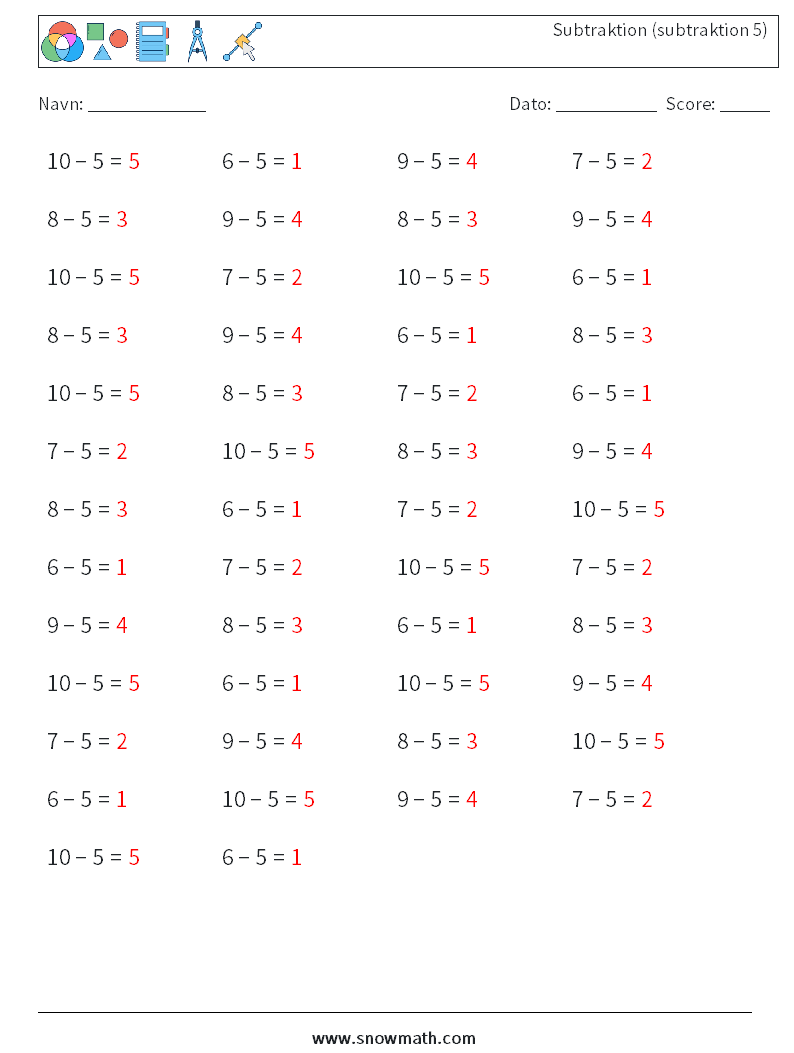 (50) Subtraktion (subtraktion 5) Matematiske regneark 6 Spørgsmål, svar