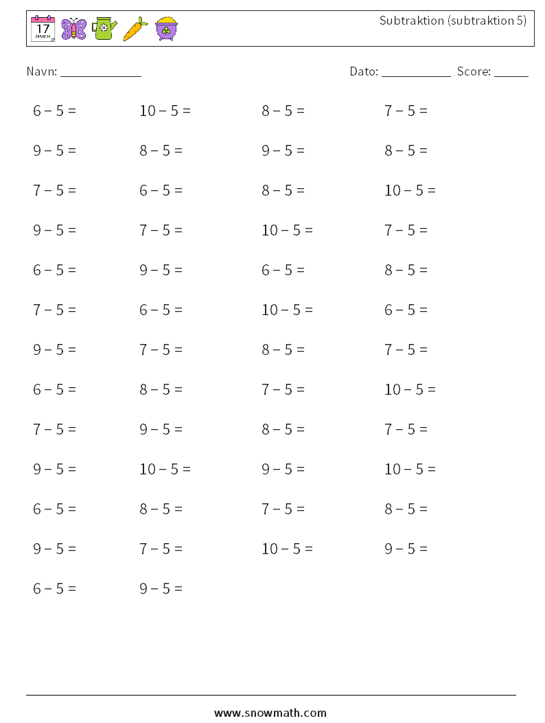 (50) Subtraktion (subtraktion 5) Matematiske regneark 7