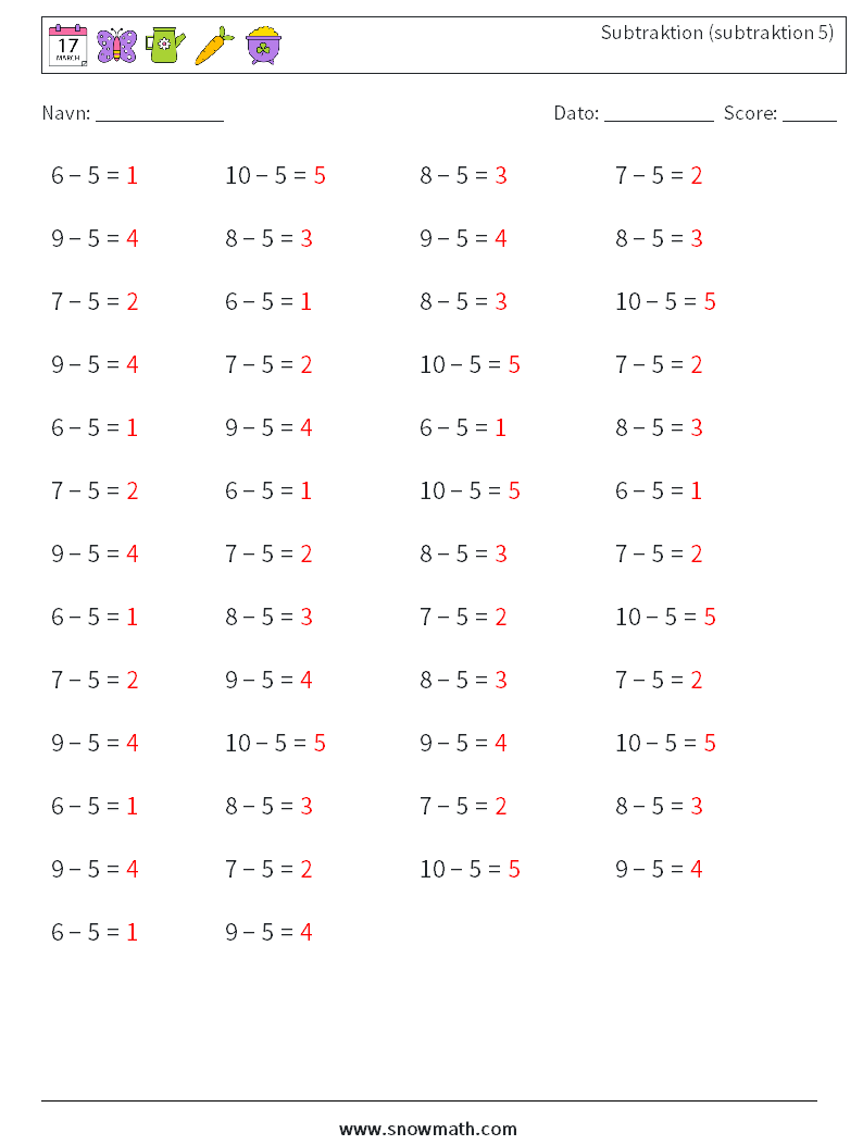 (50) Subtraktion (subtraktion 5) Matematiske regneark 7 Spørgsmål, svar