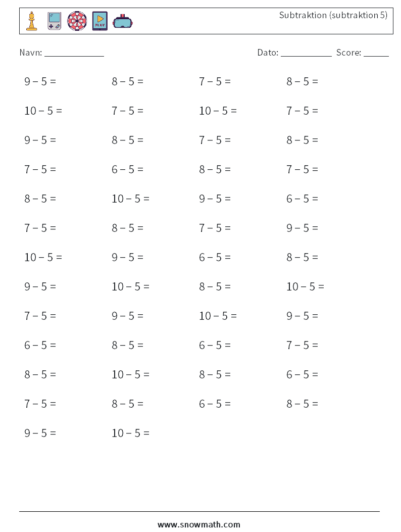 (50) Subtraktion (subtraktion 5) Matematiske regneark 9