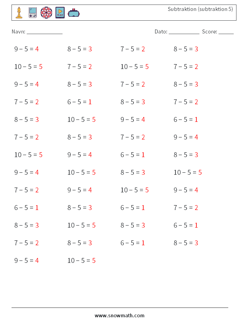 (50) Subtraktion (subtraktion 5) Matematiske regneark 9 Spørgsmål, svar