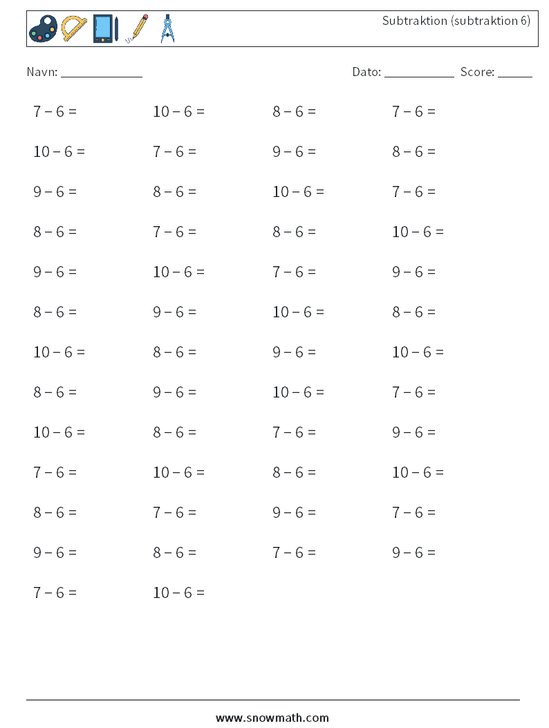 (50) Subtraktion (subtraktion 6) Matematiske regneark 1