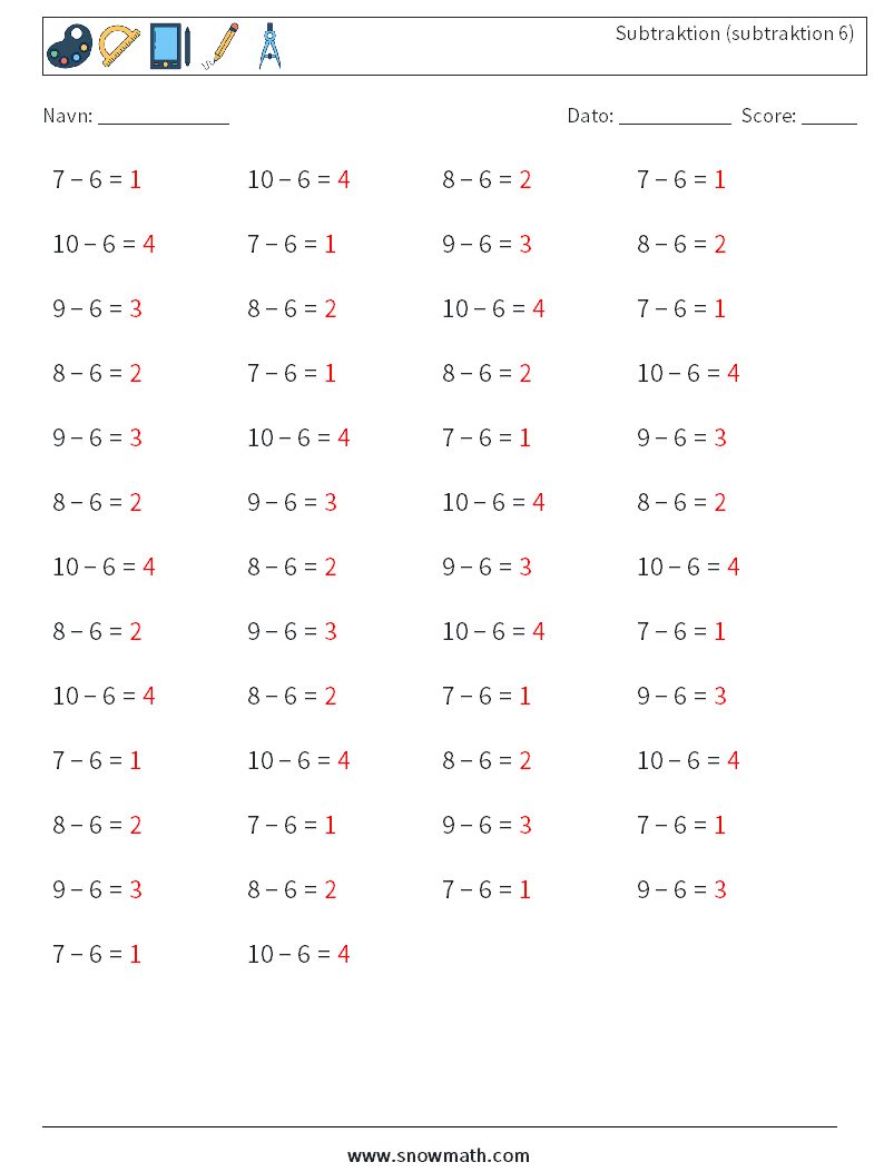 (50) Subtraktion (subtraktion 6) Matematiske regneark 1 Spørgsmål, svar