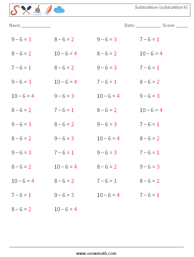 (50) Subtraktion (subtraktion 6) Matematiske regneark 2 Spørgsmål, svar