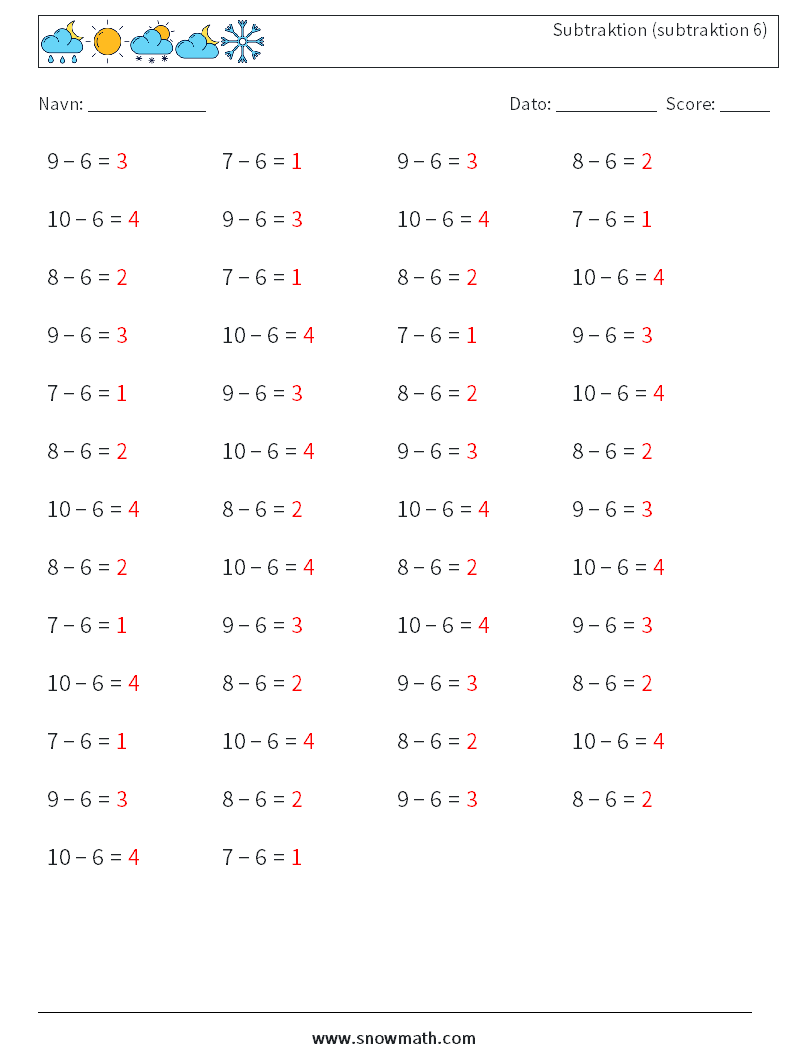 (50) Subtraktion (subtraktion 6) Matematiske regneark 3 Spørgsmål, svar