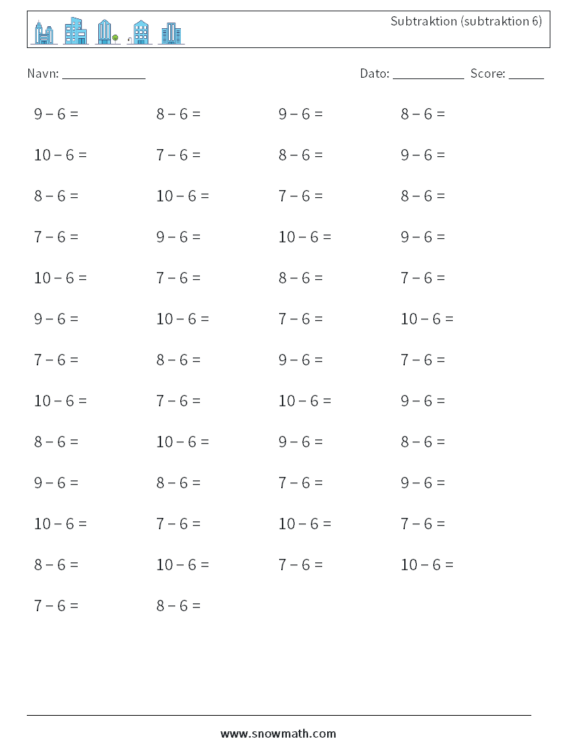 (50) Subtraktion (subtraktion 6) Matematiske regneark 7