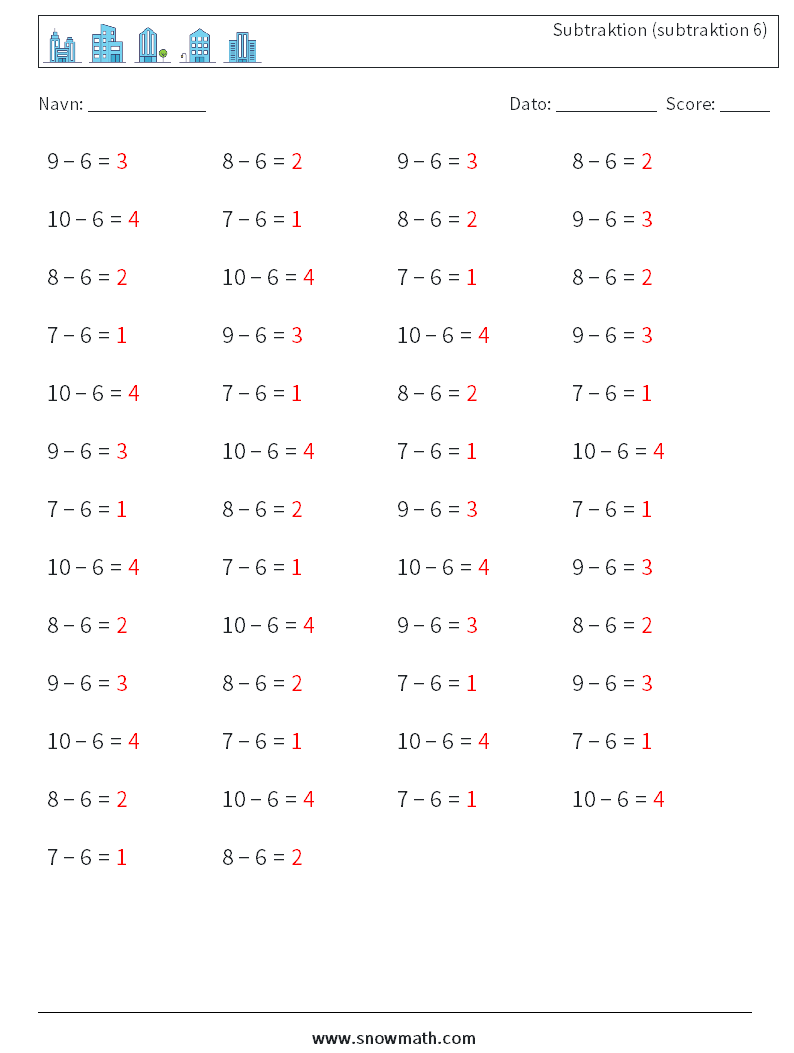 (50) Subtraktion (subtraktion 6) Matematiske regneark 7 Spørgsmål, svar