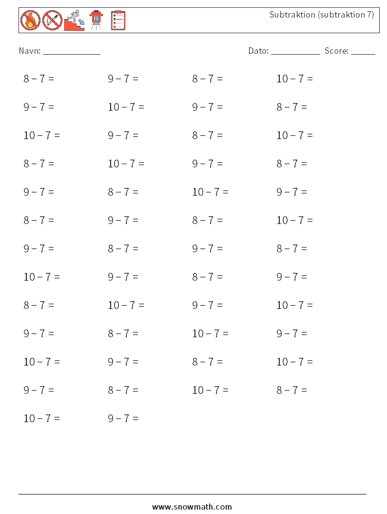 (50) Subtraktion (subtraktion 7) Matematiske regneark 1