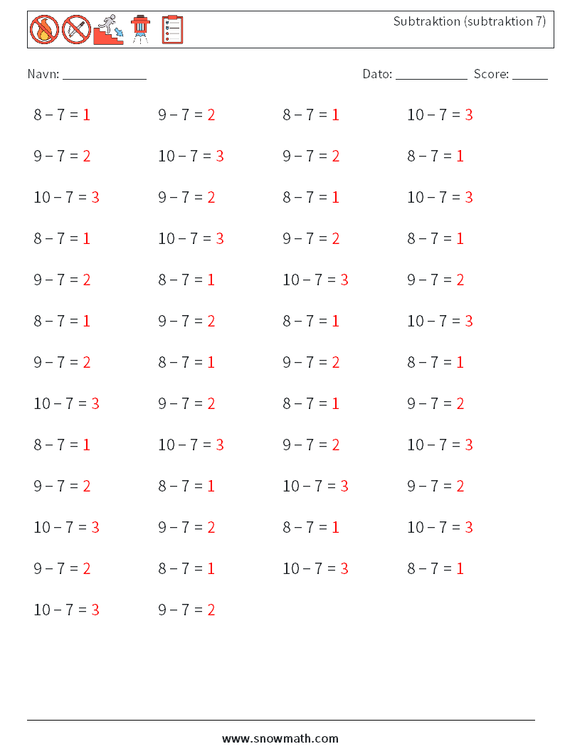 (50) Subtraktion (subtraktion 7) Matematiske regneark 1 Spørgsmål, svar