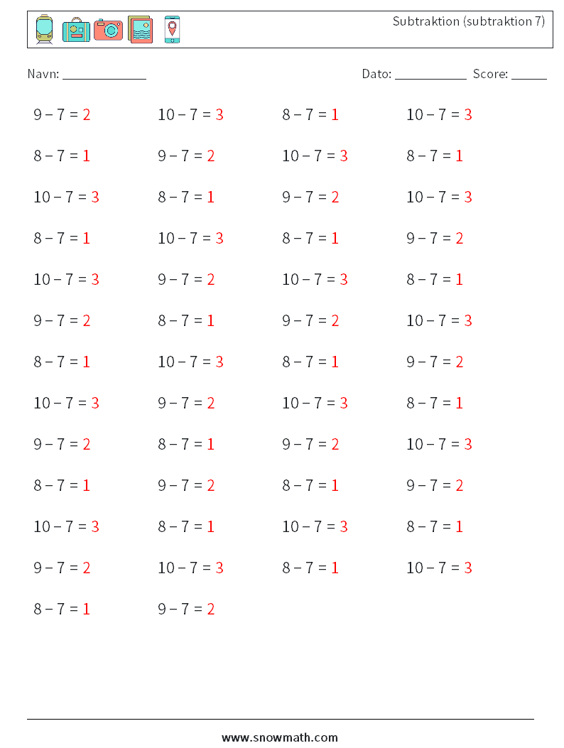 (50) Subtraktion (subtraktion 7) Matematiske regneark 2 Spørgsmål, svar