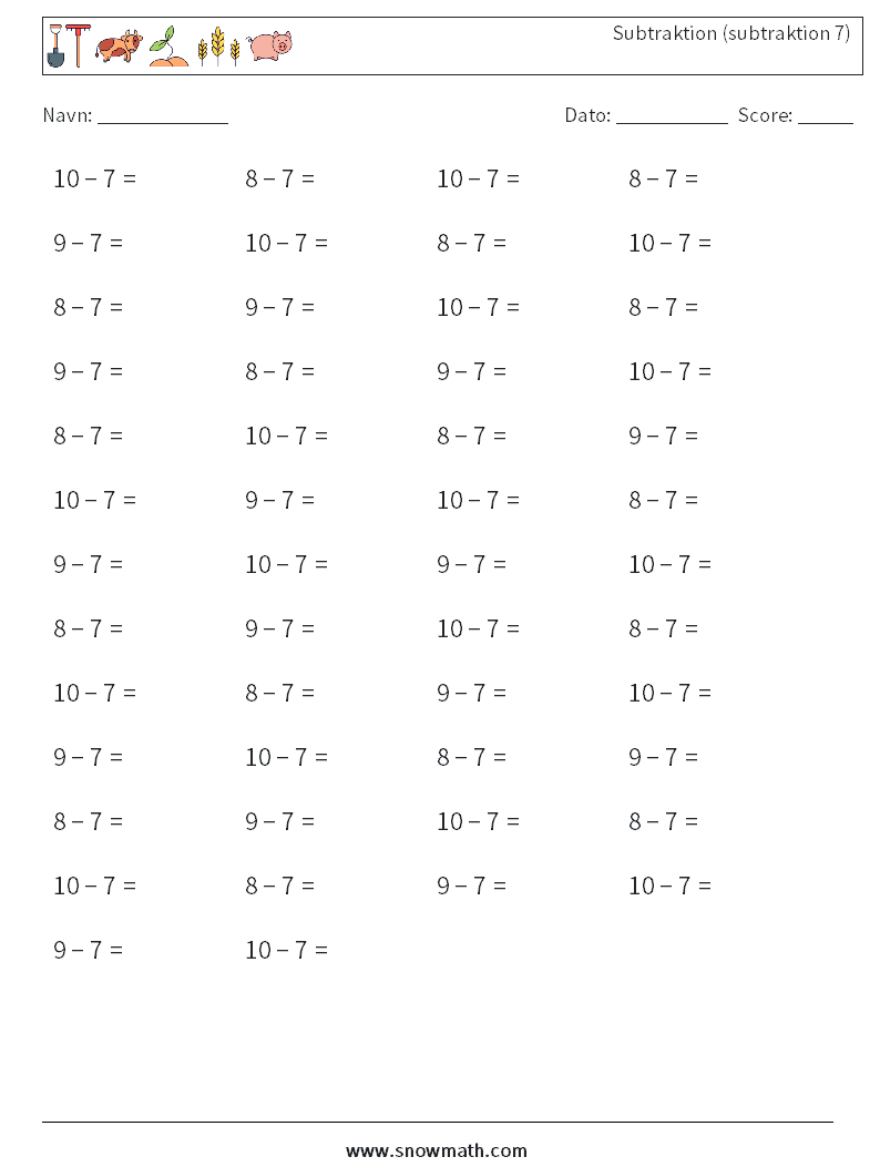 (50) Subtraktion (subtraktion 7) Matematiske regneark 3