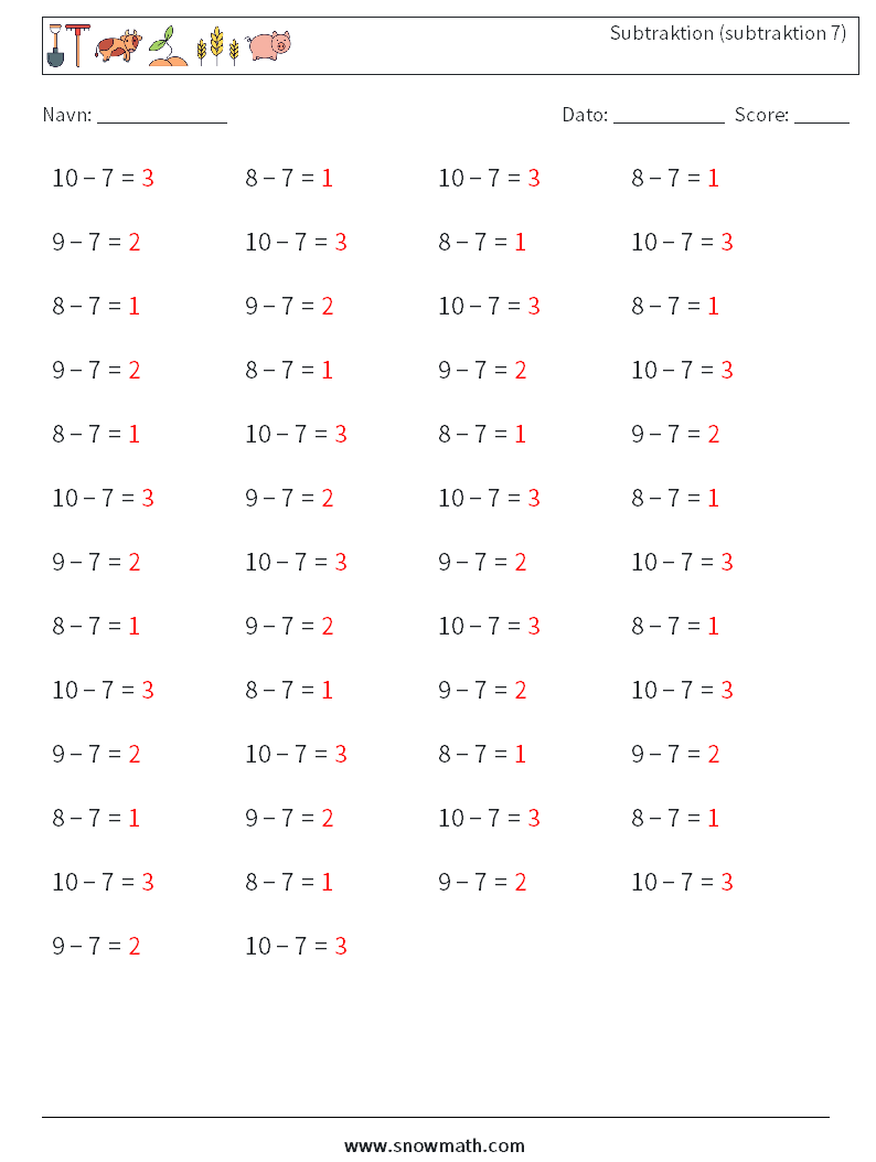 (50) Subtraktion (subtraktion 7) Matematiske regneark 3 Spørgsmål, svar