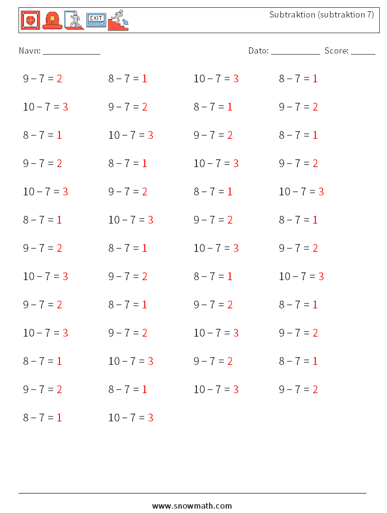 (50) Subtraktion (subtraktion 7) Matematiske regneark 4 Spørgsmål, svar