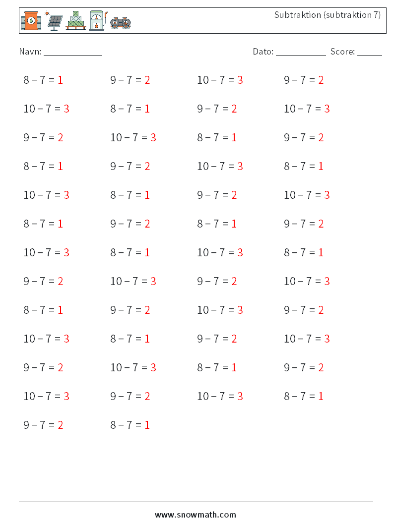 (50) Subtraktion (subtraktion 7) Matematiske regneark 5 Spørgsmål, svar