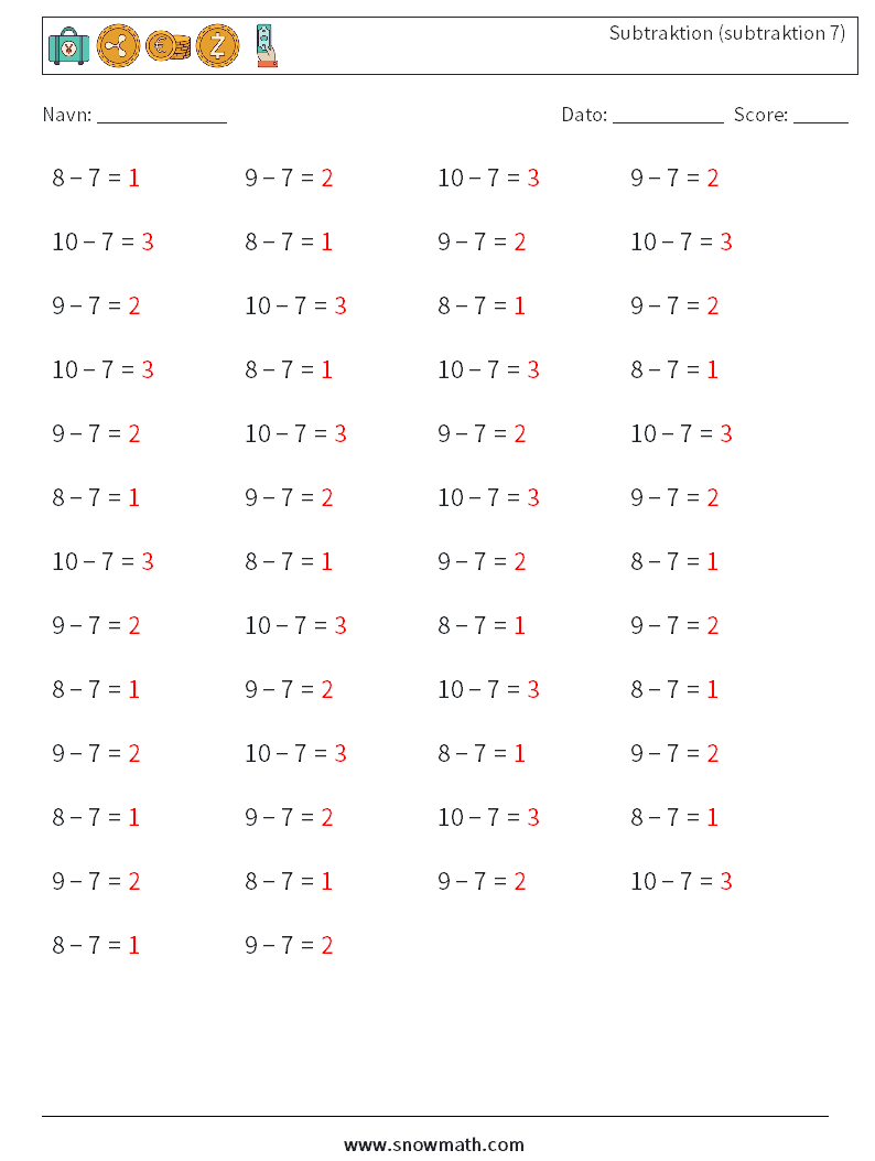(50) Subtraktion (subtraktion 7) Matematiske regneark 6 Spørgsmål, svar