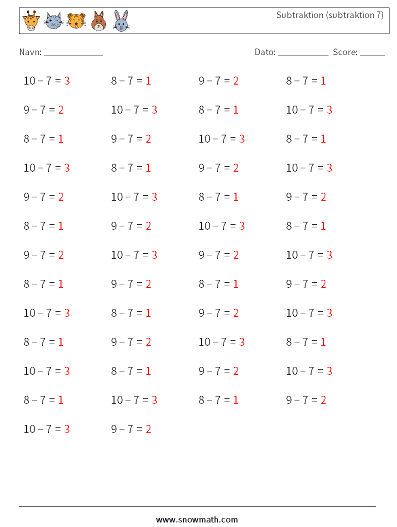 (50) Subtraktion (subtraktion 7) Matematiske regneark 7 Spørgsmål, svar