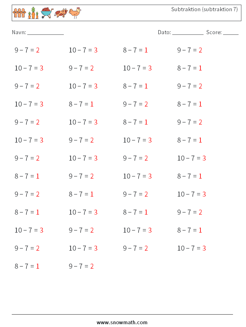 (50) Subtraktion (subtraktion 7) Matematiske regneark 8 Spørgsmål, svar