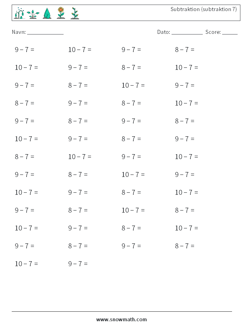 (50) Subtraktion (subtraktion 7) Matematiske regneark 9