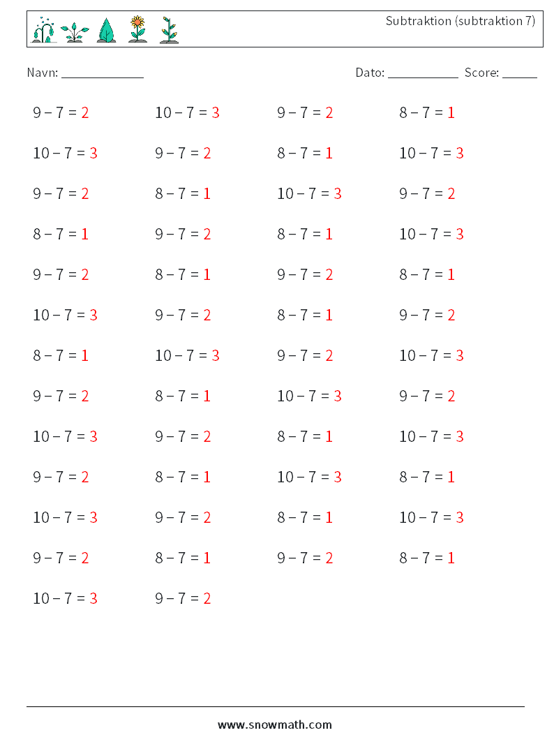 (50) Subtraktion (subtraktion 7) Matematiske regneark 9 Spørgsmål, svar