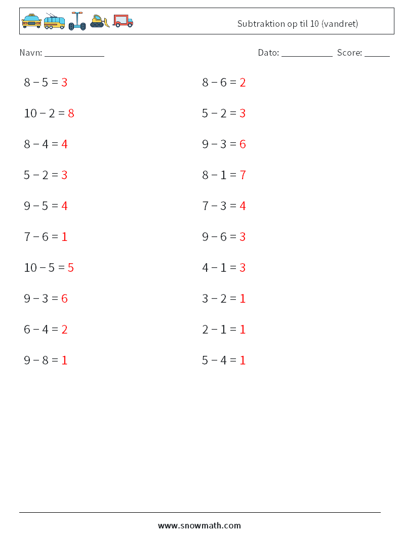 (20) Subtraktion op til 10 (vandret) Matematiske regneark 1 Spørgsmål, svar