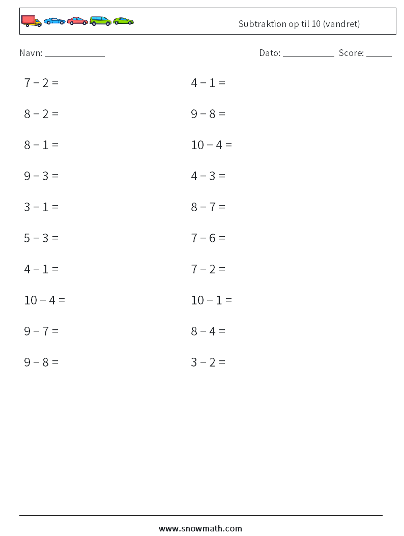 (20) Subtraktion op til 10 (vandret) Matematiske regneark 4