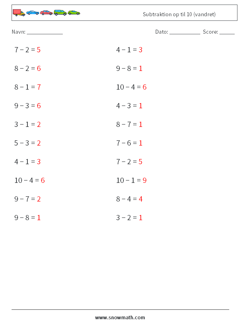 (20) Subtraktion op til 10 (vandret) Matematiske regneark 4 Spørgsmål, svar