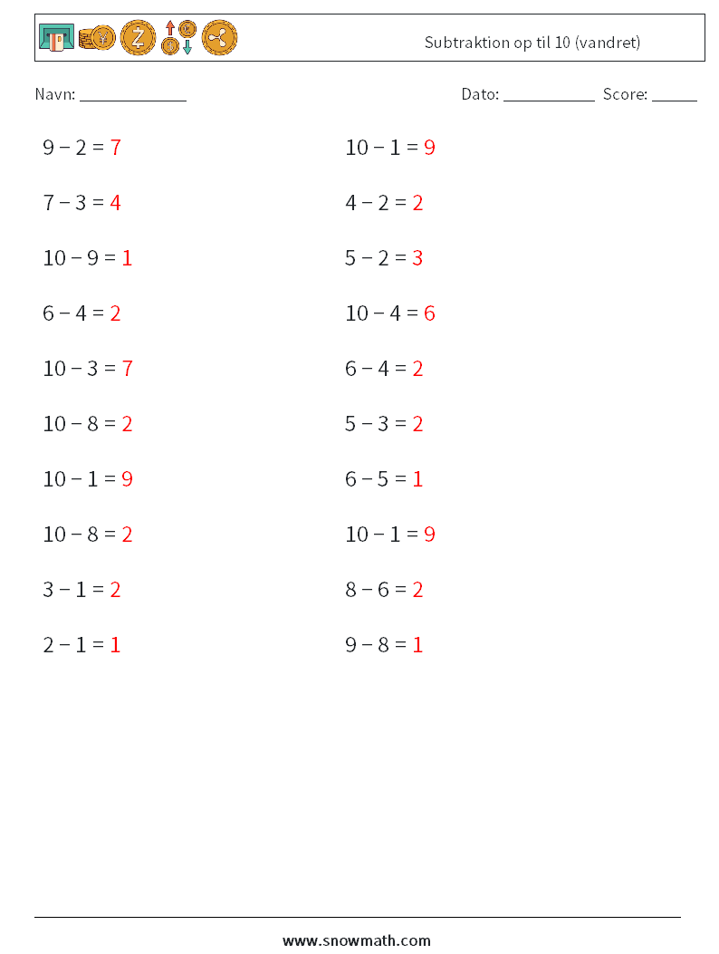 (20) Subtraktion op til 10 (vandret) Matematiske regneark 5 Spørgsmål, svar
