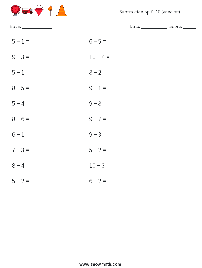 (20) Subtraktion op til 10 (vandret) Matematiske regneark 7