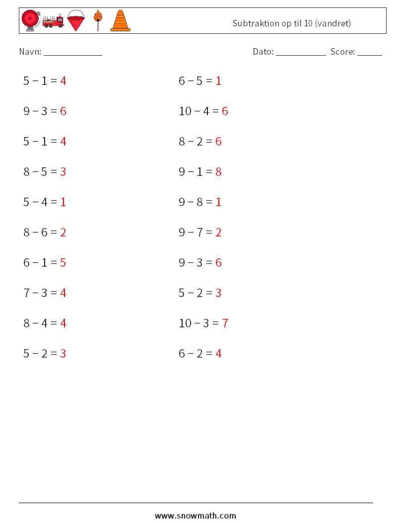 (20) Subtraktion op til 10 (vandret) Matematiske regneark 7 Spørgsmål, svar