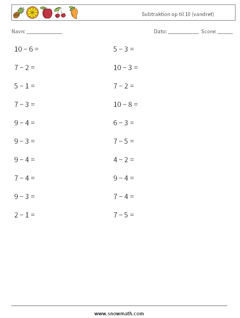 (20) Subtraktion op til 10 (vandret) Matematiske regneark 8