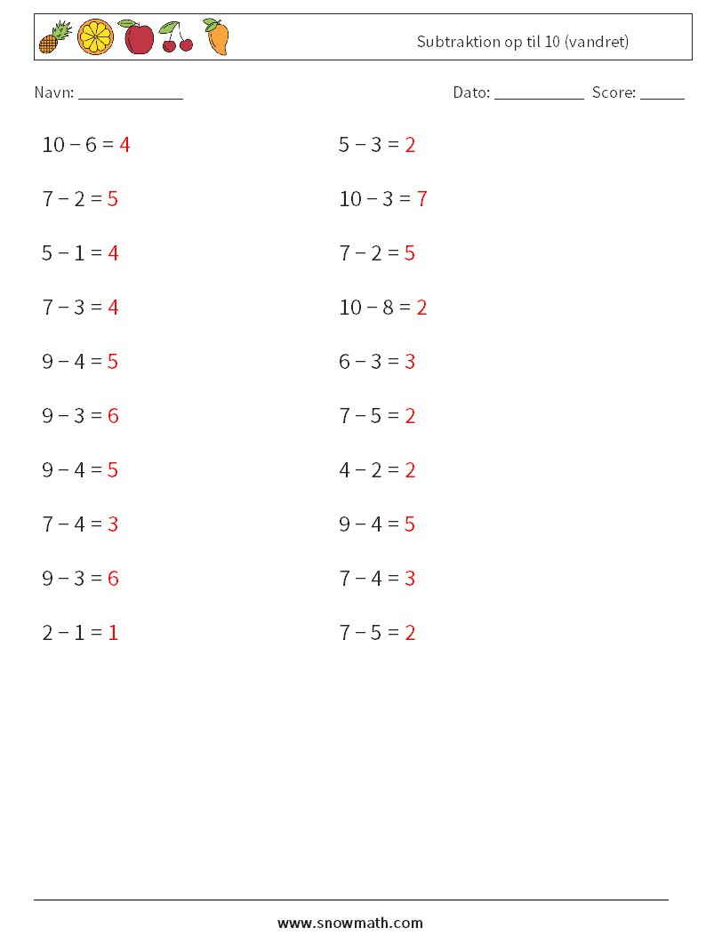 (20) Subtraktion op til 10 (vandret) Matematiske regneark 8 Spørgsmål, svar