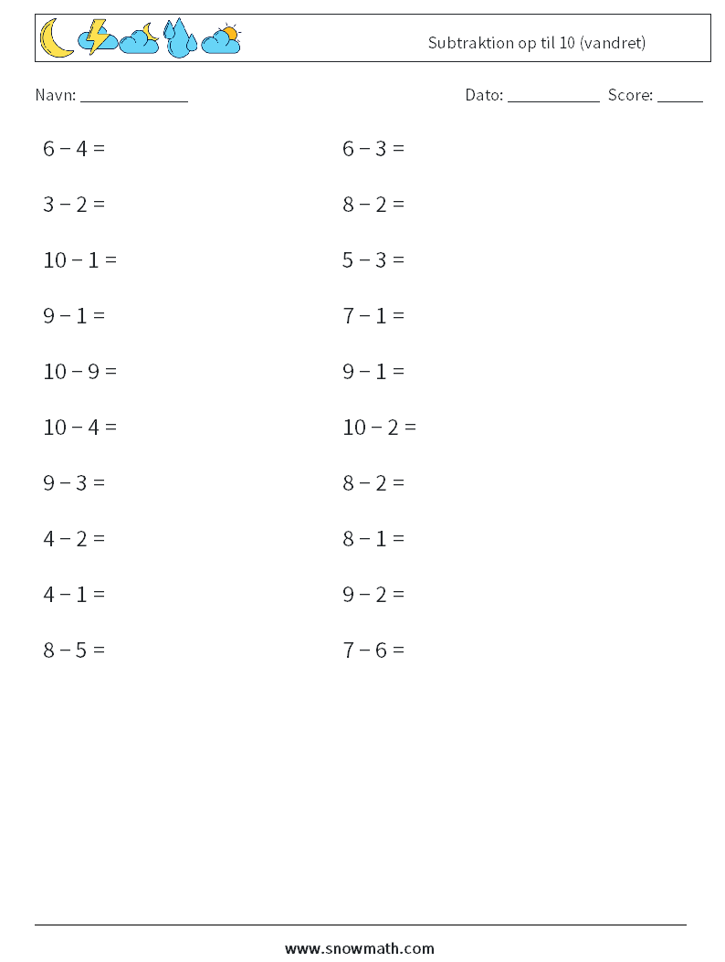 (20) Subtraktion op til 10 (vandret) Matematiske regneark 9