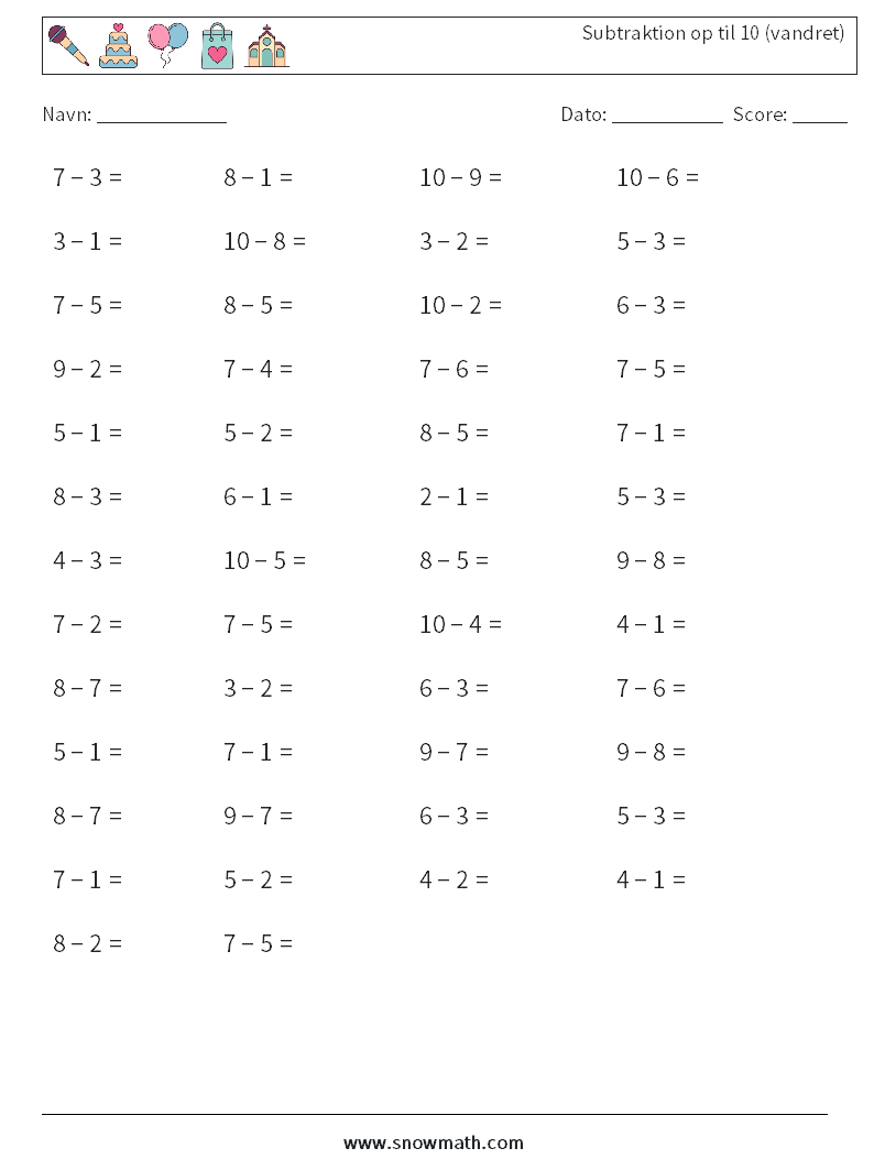 (50) Subtraktion op til 10 (vandret)