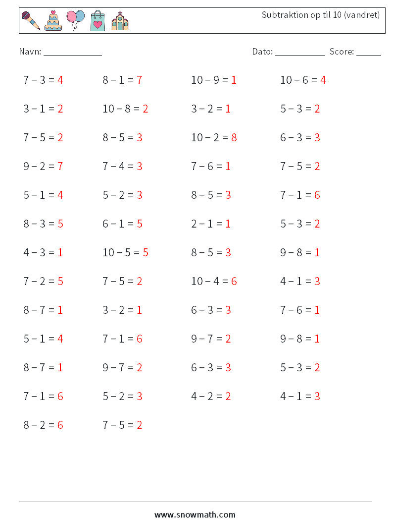(50) Subtraktion op til 10 (vandret) Matematiske regneark 1 Spørgsmål, svar