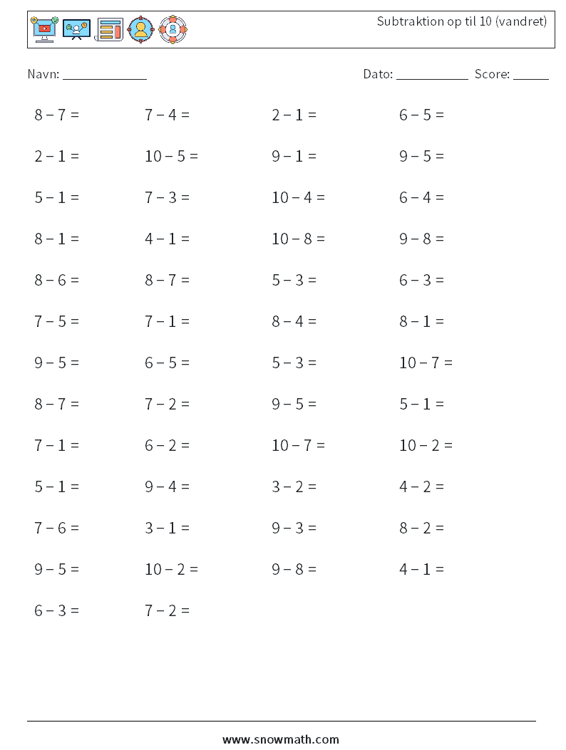 (50) Subtraktion op til 10 (vandret) Matematiske regneark 2