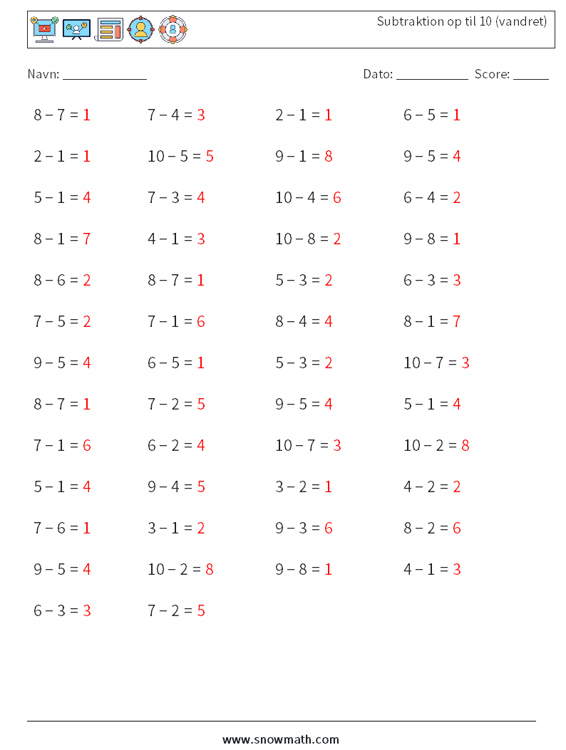 (50) Subtraktion op til 10 (vandret) Matematiske regneark 2 Spørgsmål, svar