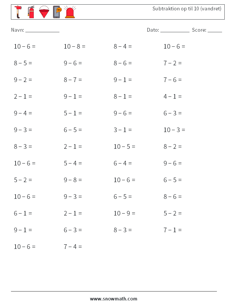 (50) Subtraktion op til 10 (vandret) Matematiske regneark 3