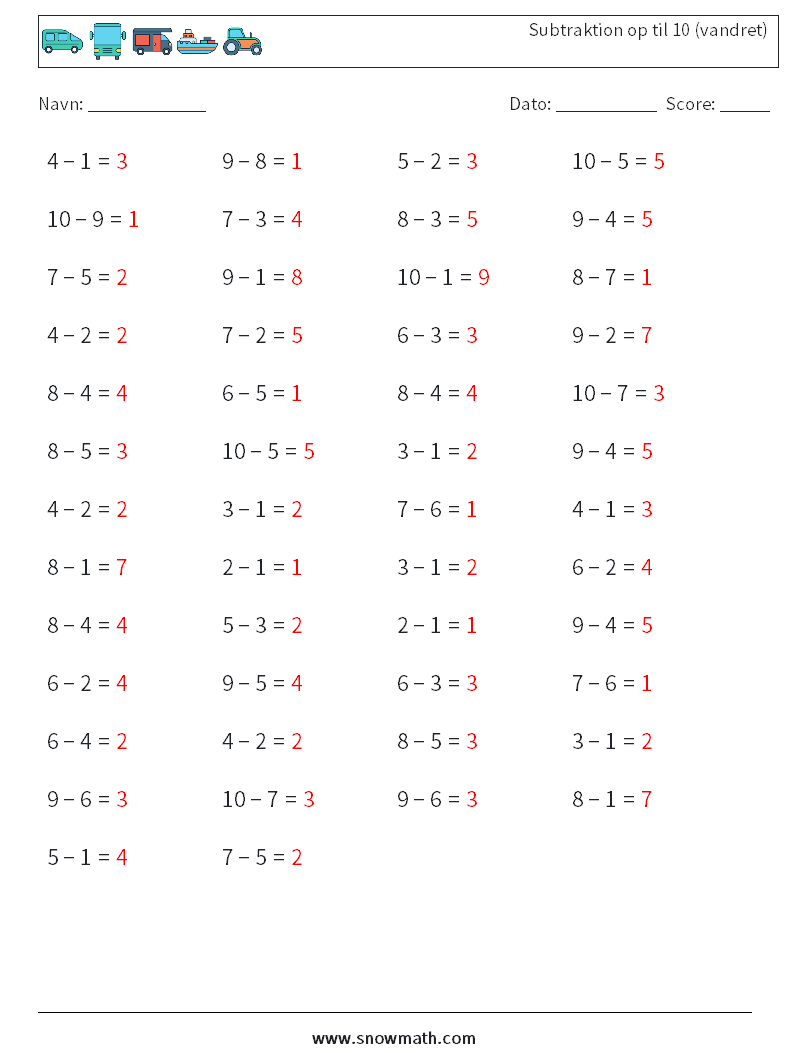 (50) Subtraktion op til 10 (vandret) Matematiske regneark 5 Spørgsmål, svar