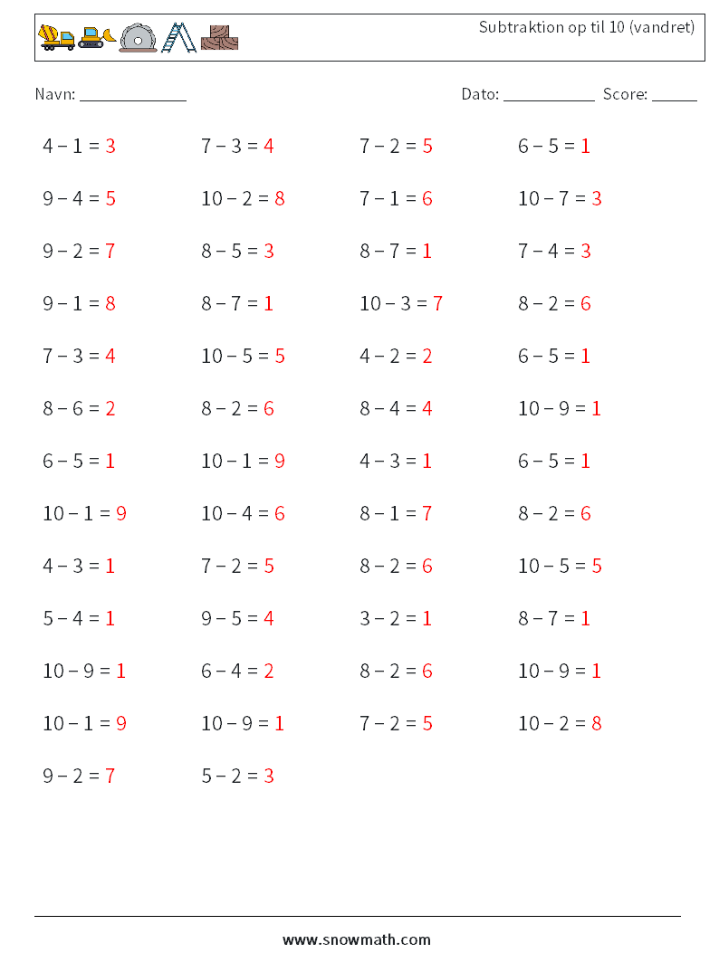 (50) Subtraktion op til 10 (vandret) Matematiske regneark 8 Spørgsmål, svar