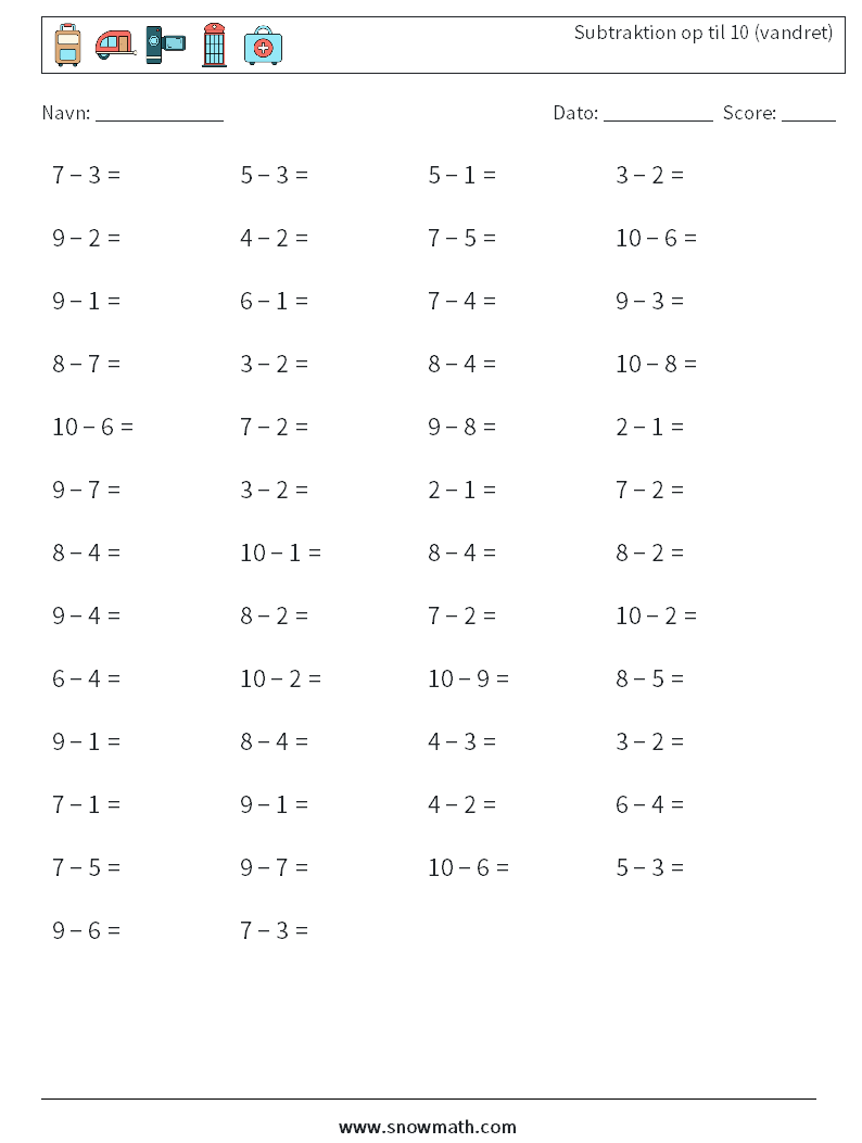 (50) Subtraktion op til 10 (vandret) Matematiske regneark 9
