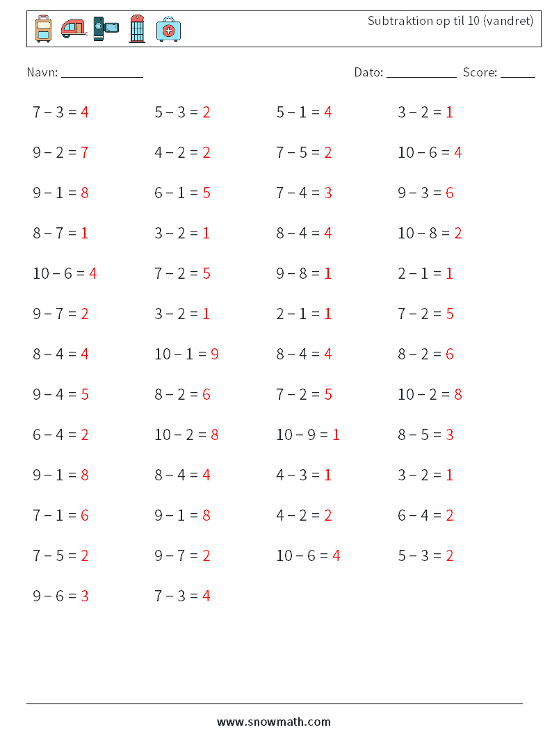 (50) Subtraktion op til 10 (vandret) Matematiske regneark 9 Spørgsmål, svar