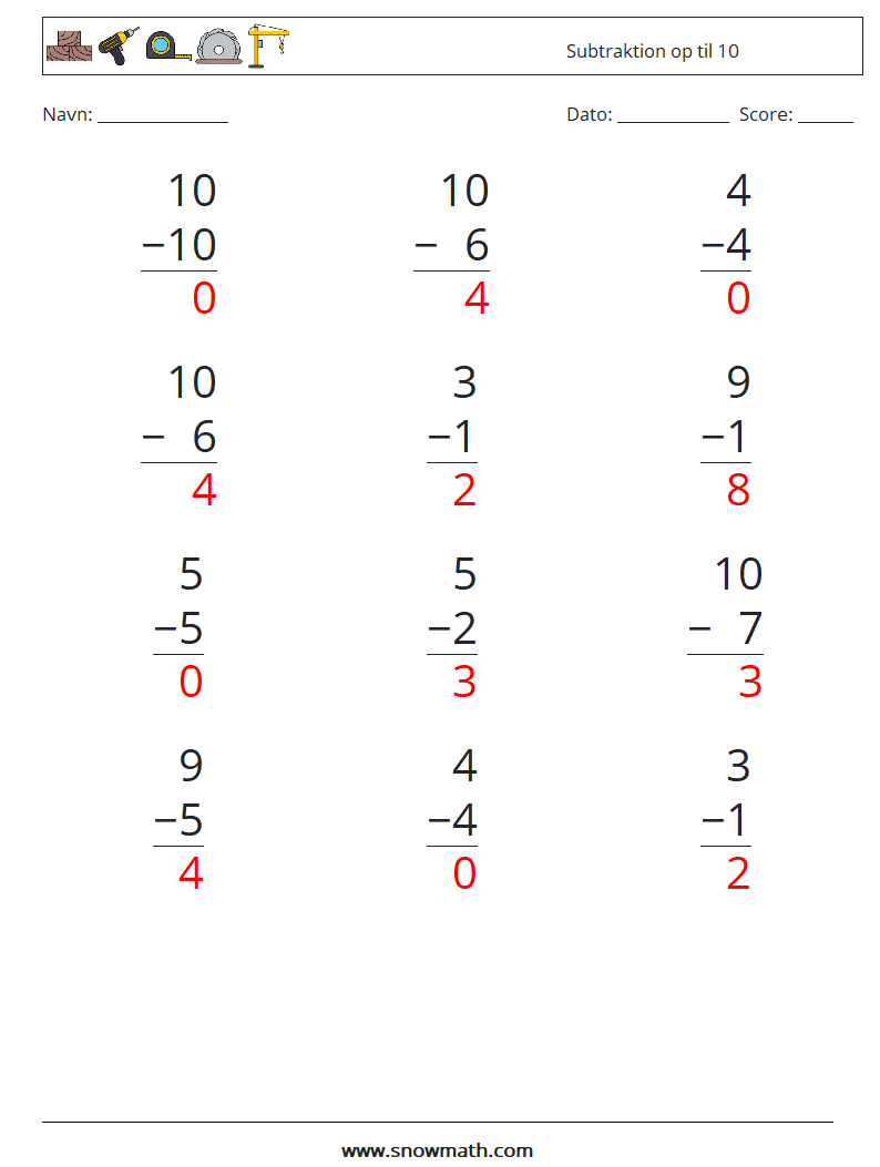 (12) Subtraktion op til 10 Matematiske regneark 1 Spørgsmål, svar