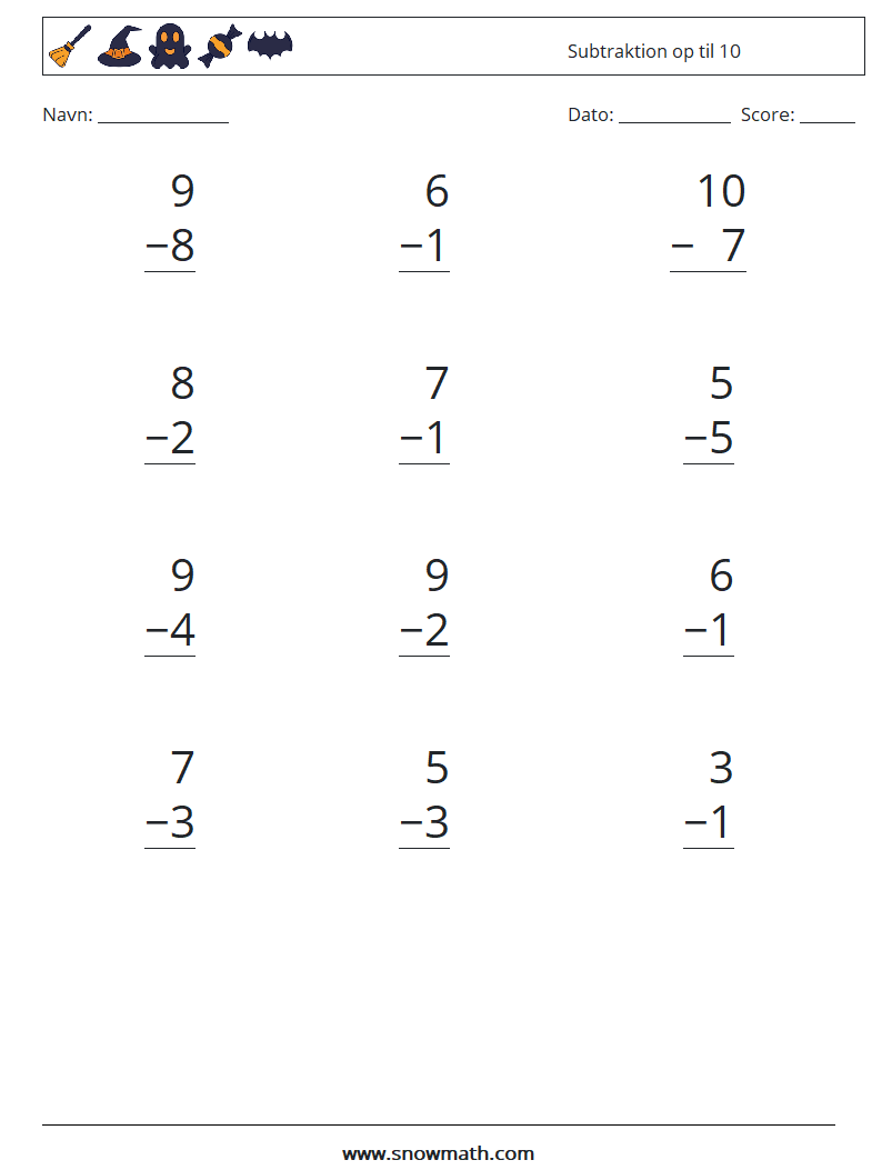 (12) Subtraktion op til 10 Matematiske regneark 2