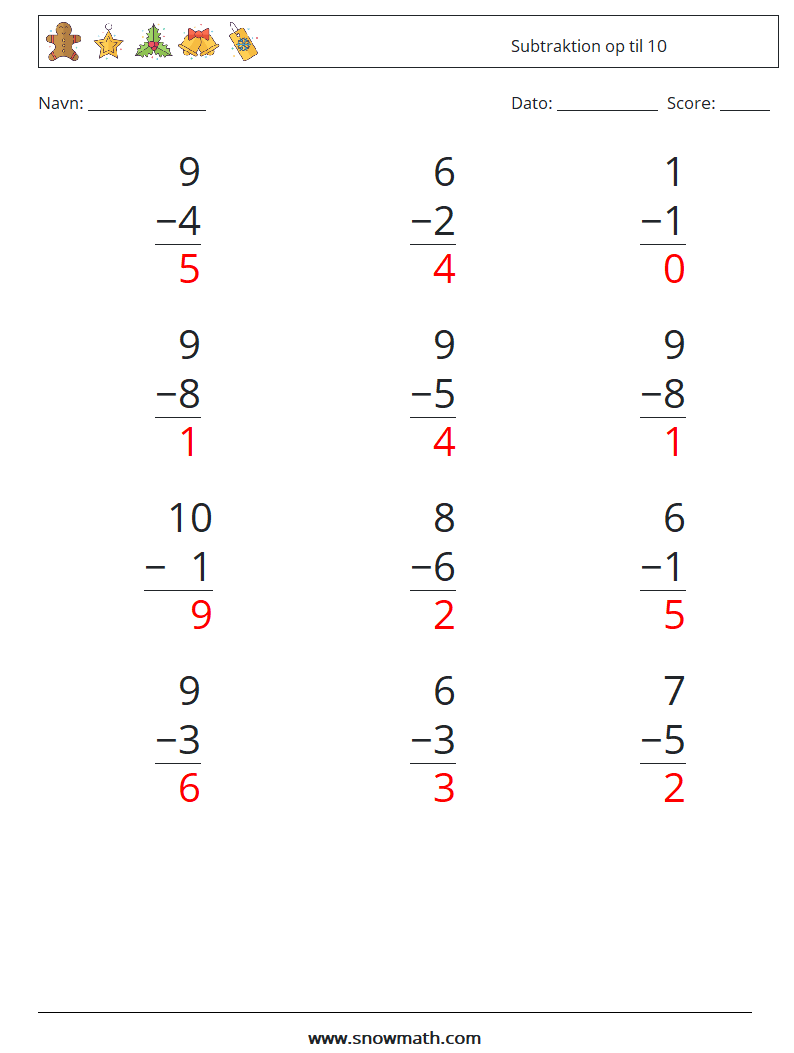 (12) Subtraktion op til 10 Matematiske regneark 3 Spørgsmål, svar