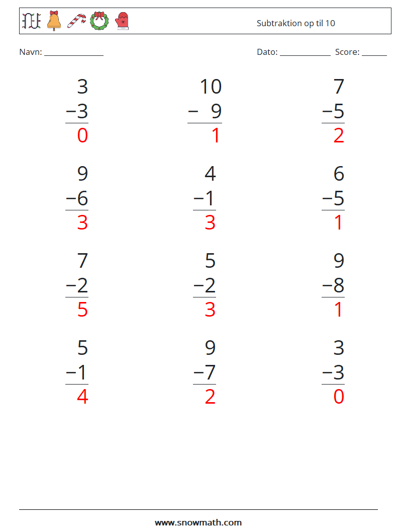 (12) Subtraktion op til 10 Matematiske regneark 4 Spørgsmål, svar