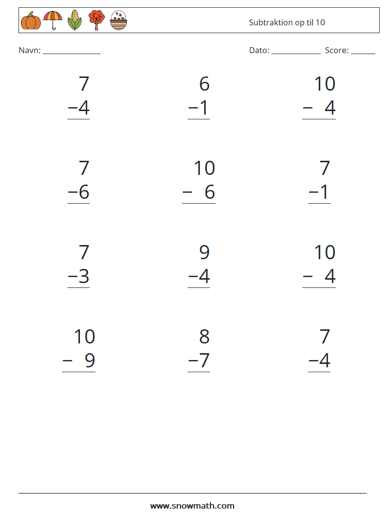 (12) Subtraktion op til 10 Matematiske regneark 5