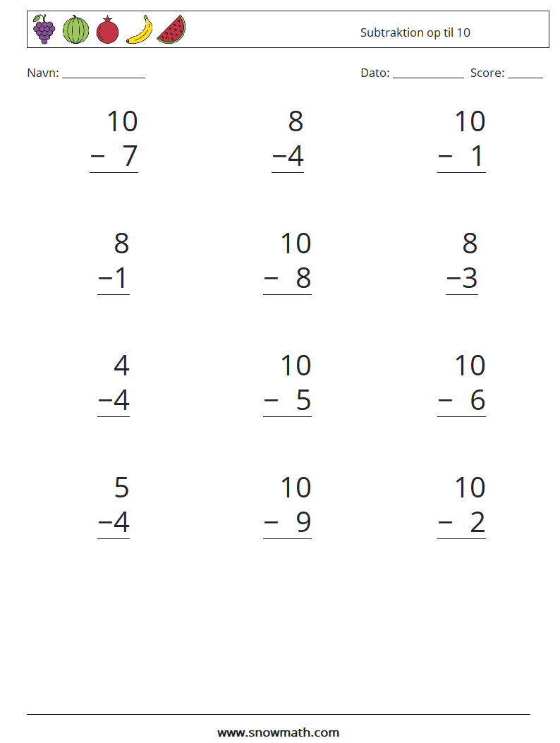 (12) Subtraktion op til 10 Matematiske regneark 6
