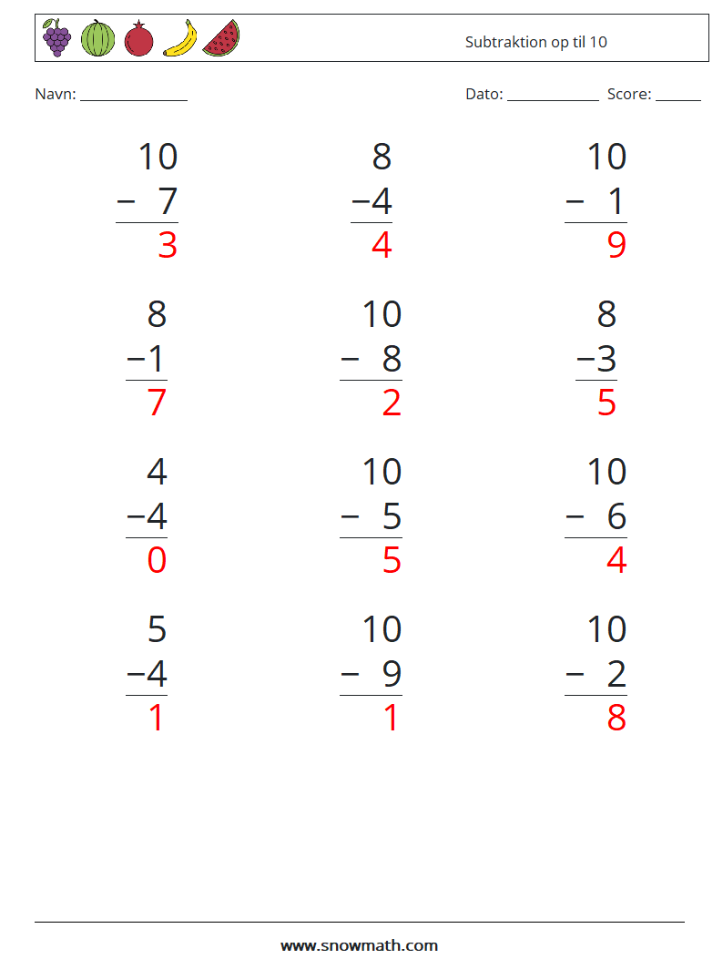 (12) Subtraktion op til 10 Matematiske regneark 6 Spørgsmål, svar