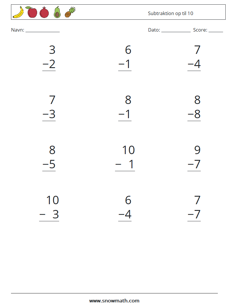 (12) Subtraktion op til 10 Matematiske regneark 8